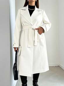 EURMUSE Women's Simple Solid Color Long Woolen Overcoat - White - View 4