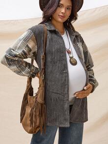 Boho Mama Pregnant Women's Striped Drop Shoulder Long Sleeve Single-Breasted Pocket Casual Regular Jacket Boho  Winter Clothes For Women - Grey - View 2