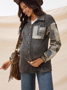 Boho Mama Pregnant Women's Striped Drop Shoulder Long Sleeve Single-Breasted Pocket Casual Regular Jacket Boho  Winter Clothes For Women - Grey - View 7