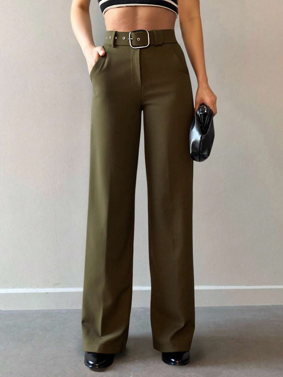 EURMUSE Women's Belted Straight Trouser With Slanted Pocket Design - Army Green - View 1