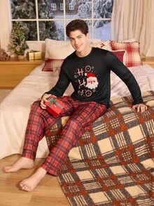 CoupledUp 情侣款圣诞老人格子撞色长袖上衣和裤子男士睡衣套装 情侣睡衣套装 圣诞主题睡衣套装 节日睡衣套装 情侣圣诞睡衣 圣诞睡衣套装 情侣睡衣套装 圣诞老人睡衣睡衣套装 格子睡裤，秋冬服装 - 彩色 - 查看 6