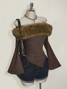 SHEIN ICON Große Größen Rollkragen Patchwork Off-Shoulder Brauner Y2K Vintage Strickpullover