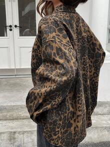 Livesso 女士宽松棕色豹纹牛仔衬衫，初秋长袖女装 - 咖啡棕 - 查看 2