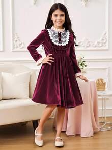 Tween Girl Contrast Lace Ruffle Trim Flare Sleeve Dress - Burgundy - View 1