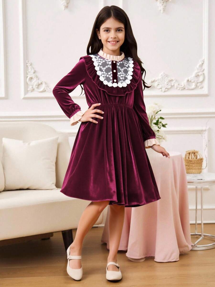 Tween Girl Contrast Lace Ruffle Trim Flare Sleeve Dress - Burgundy - View 1
