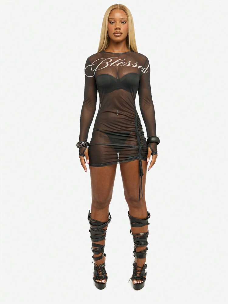 SUMWON WOMEN Mesh Bodycon Mini Dress With Ruched Side Detail