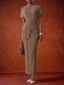 Zivah The 2025 New Autumn, Autumn And Winter Casual, Simple, Street, Daily, Date, Birthday, Party, Travel Season, Warm, Elegant, Commuting, Office Worker, Internet Celebrity Besthit High Neck, Neckline, Shoulder Drop, Sleeve Cover, Asymmetrical Hem, Long Sweater, Pullover, Skirt, Straight Skirt, Long Skirt, Flower Brown Asymmetrical Striped Sweater Set, Women's Sweater Two Pieces Set -A