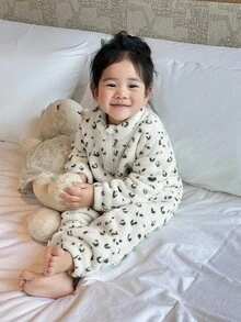 2pcs Young Girls Beige Leopard Print Fleece Long Sleeve Top And Pants Set, Casual Chic Polo Collar Half-Zip Design, Suitable For Outdoor And Indoor Wear, Winter Fall - Apricot - View 6