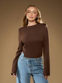 MISSGUIDED Top à manches longues avec ourlet asymétrique, nœud et détail de lien latéral pour la mode décontractée d'automne - Tabac - Voir 1