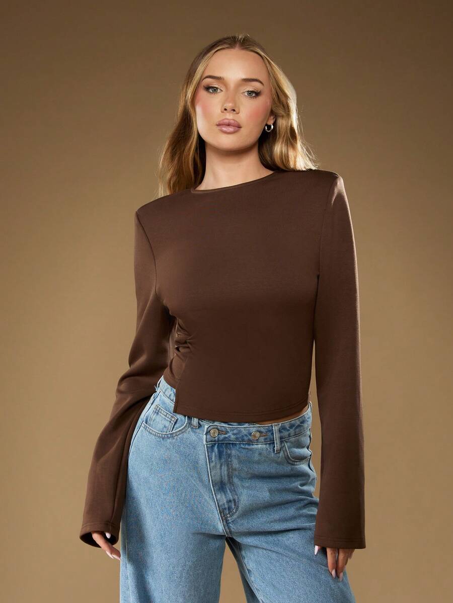 MISSGUIDED Top à manches longues avec ourlet asymétrique, nœud et détail de lien latéral pour la mode décontractée d'automne - Tabac - Voir 1