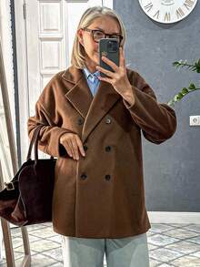 Vivie Lora 女士宽松翻领长袖大衣冬季外套 - 棕色 - 查看 5