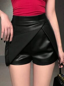 DAZY 女士纯色侧开衩短裤，四季皮短裤 - 黑色 - 查看 6