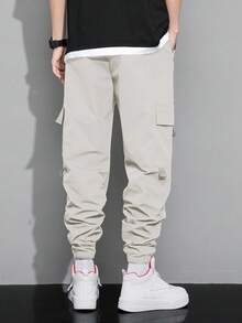 Claim Dot Men Letter Graphic Flap Pocket Drawstring Waist Cargo Trousers - Beige - View 2