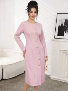 Modelyn Vestido elegante de ajuste ceñido con botones metálicos decorativos en la cintura, para uso diario sofisticado