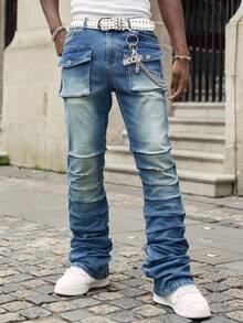 ROMWE MEN Street Life 男士休闲水洗褶皱修身牛仔裤 - 深色水洗藍 - 查看 3