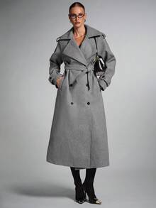 SHEIN BAE Large Lapel Patterned Double-Breasted Long Overcoat, Long Coat Women, Trench Coat Women, Overcoat Women,Coarse Twill Overcoat,Elegant Casual Coat In Fall/Winter,Gray Overcoat, Outerwear Women, Long Coats For Women