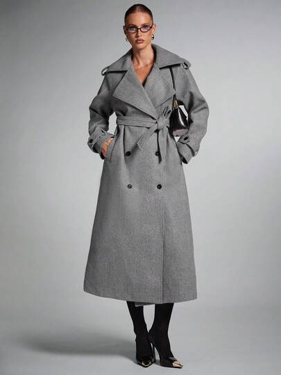 SHEIN BAE Large Lapel Patterned Double-Breasted Long Overcoat, Long Coat Women, Trench Coat Women, Overcoat Women,Coarse Twill Overcoat,Elegant Casual Coat In Fall/Winter,Gray Overcoat, Outerwear Women, Long Coats For Women