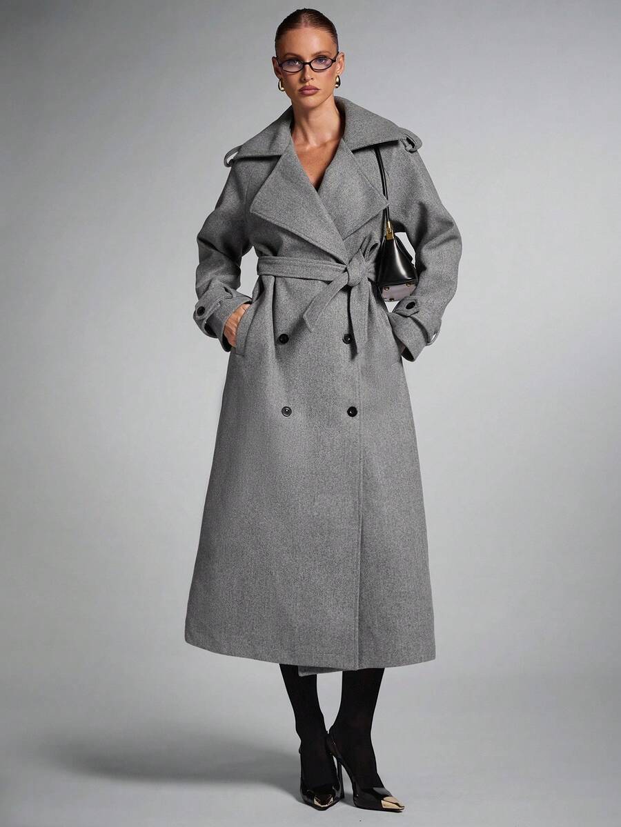 SHEIN BAE Large Lapel Patterned Double-Breasted Long Overcoat, Long Coat Women, Trench Coat Women, Overcoat Women,Coarse Twill Overcoat,Elegant Casual Coat In Fall/Winter,Gray Overcoat, Outerwear Women, Long Coats For Women