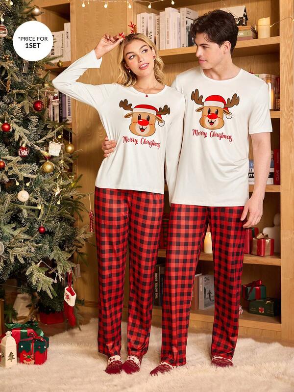 Manfinity CoupledUp Conjunto de pijama de manga corta con estampado de renos de dibujos animados de Navidad para hombres, conjunto de pijamas a juego para parejas, pijamas de Navidad, conjunto de pijamas para hombre, conjunto de ropa de dormir, pijamas de Navidad