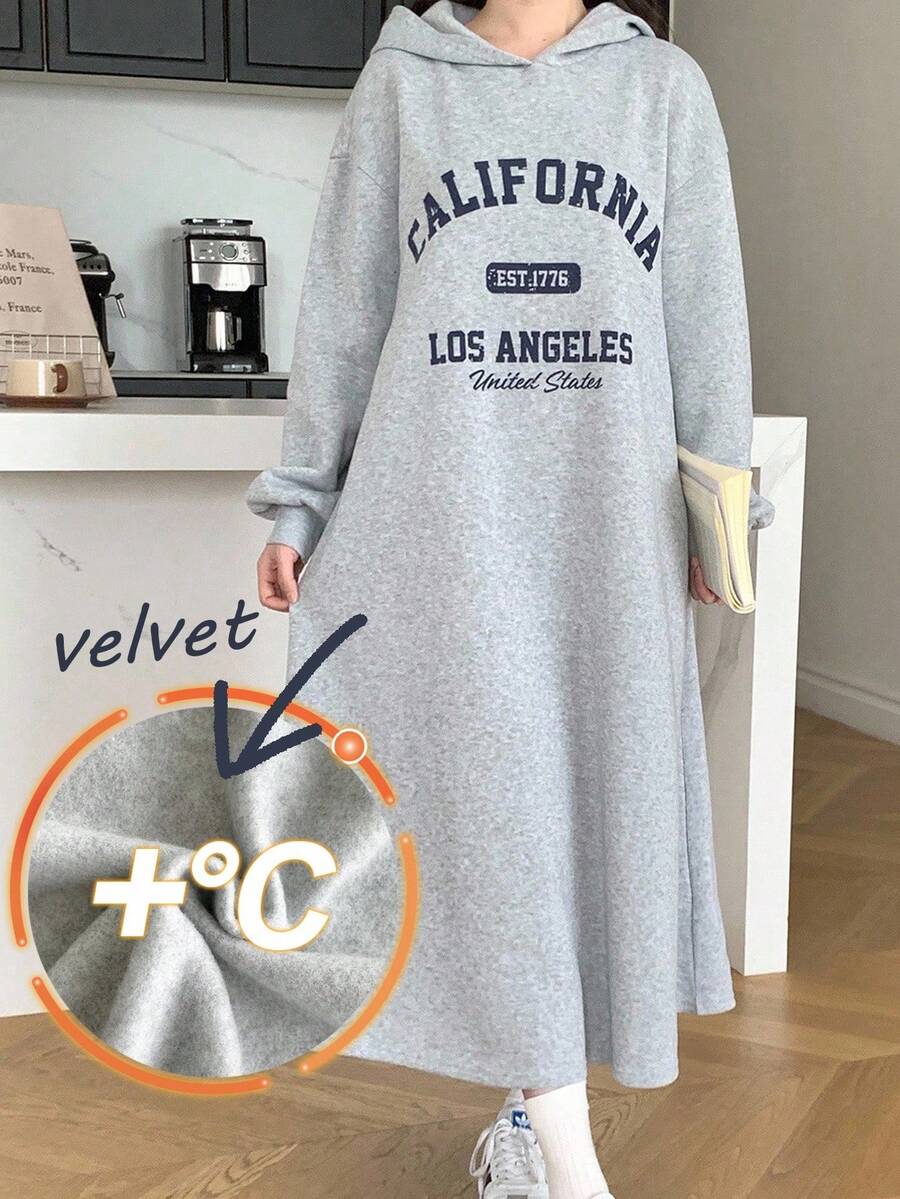 少女针织纯灰色英文图案印花连帽宽松长袖连衣裙卫衣连衣裙连帽衫连衣裙休闲连衣裙女装长款连帽衫连衣裙加州连衣裙