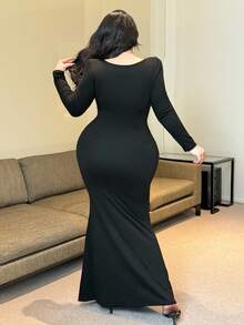 Vibekara Vestido de encaje de contraste talla grande, vestido informal y cómodo sin mangas para ir al trabajo y uso al aire libre - Negro - Ver 2