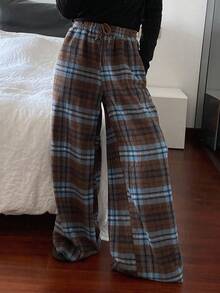 Livesso Women's Plaid Casual Wide Leg Drawstring Loose Pants, Autumn - Brown - View 3