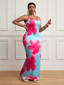 Slaydiva 大码女式无袖花卉印花修身夏装 - 藍色 - 查看 4