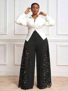 Veslaya Quần ống rộng phối ren dự tiệc thanh lịch mới 2025, Thu/Đông - màu đen - Xem 5