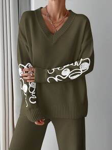 EURMUSE Women Pink Embroidery Detailed Sweater Set - Army Green - View 3