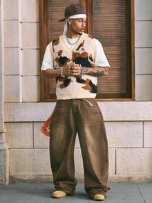 AXEPEAK 男士V领休闲图案针织背心，秋冬 - 彩色 - 查看 3