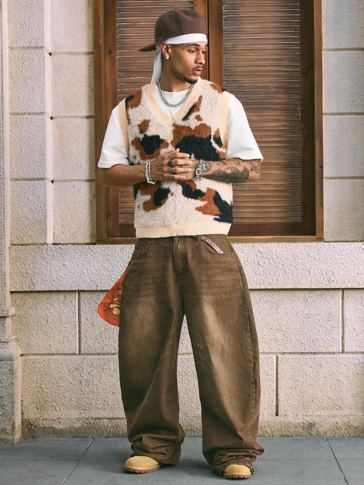 AXEPEAK 男士V领休闲图案针织背心，秋冬 - 彩色 - 查看 3