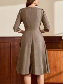 Vintamour Vintage klassisch elegantes Damenkleid, Frühling/Sommer tailliertes Kleid mit Schleifengürtel und 3/4 Ärmeln, marineblau, Herbstkleidung, formelle Kleider für Frauen, braunes Kleid, Business-Lässig-Kleidung für Frauen, Neujahrskleider, Neujahrsbekleidung für Frauen, braunes Kleid - Braun - Übersicht 2