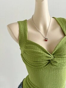 Soleia Women's Solid Color Sweetheart Collar Twist Textured Fabric Fitted Tank Top - Green - View 4