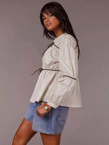 Athîral 女士撞色系带休闲长袖衬衫 - 白色 - 查看 5