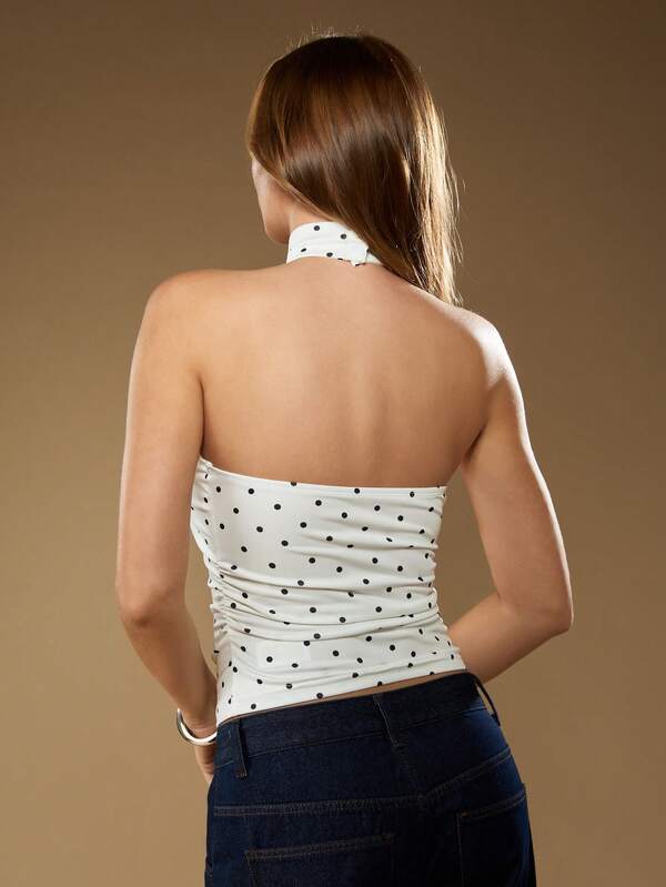 MISSGUIDED Blusa estiva casual aderente, senza maniche, con collo alto e motivo a pois