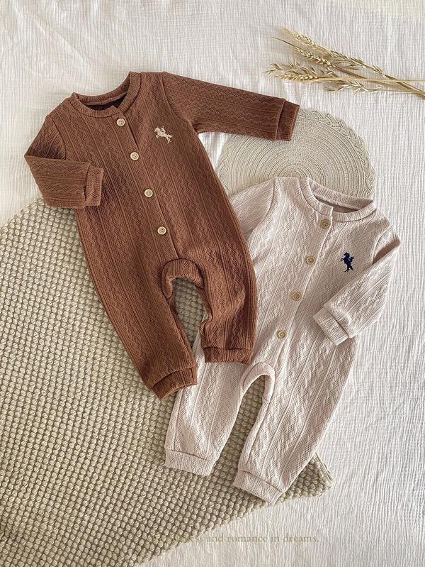 SHEIN 2 piezas Pelele de punto jacquard para bebé niño con bordado de caballero en el frente, mono informal de manga larga, otoño/invierno
