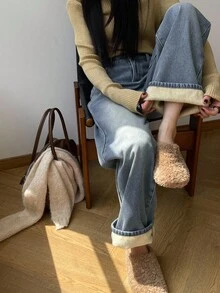 DAZY 宽松复古阔腿牛仔裤，秋冬季保暖内衬直筒及地长牛仔裤，女士保暖内衬 - 藍色 - 查看 5