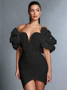 SHEIN BAE Của phụ nữ Màu thuần Off Shoulder Lưới Viền Ruffle Váy quấn - màu đen - Xem 4