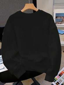 SHEIN 男童休闲简约美国印花宽松加厚圆领长袖卫衣，适合秋冬季节穿着。 - 黑色 - 查看 2