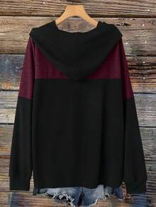 Linhara Plus Size Women's Colorblock Long Sleeve Casual Drawstring Hooded Sweatshirt, Autumn - Burgundy - View 2