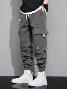 Claim Dot Men Slogan Graphic Flap Pocket Drawstring Waist Cargo Pants, For Fall