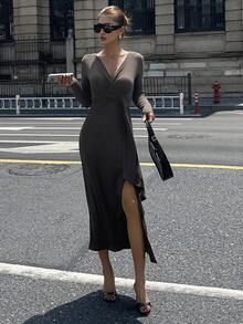 Livesso Vestido elegante de manga larga con cuello en V, cintura ajustada, nudo retorcido y bajo dividido, forrado térmico de unicolor, adecuado para eventos formales en otoño/invierno