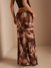 SHEIN BAE 女士中腰棕色扎染印花网眼裙，适合婚礼、万圣节、夜间外出、活动、节日，优雅女士裙，棕色裙子 - 棕色 - 查看 4