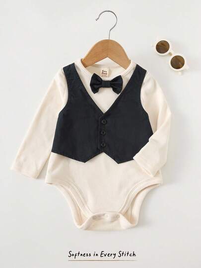 Cozy Pixies Áo khoác vest quý ông Colorblock cho bé trai có nơ, áo liền quần dài tay cổ tròn 2 trong 1, trang phục trang trọng cho bé trai, quần áo trẻ sơ sinh cho bé trai, bộ đồ liền quần tuxedo cho bé trai, trang phục quý ông cho bé, mùa thu đông