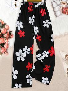 Linhara Plus Size Women Floral Print Tie Waist Wide Leg Loose Casual Pants - Rose Red - View 2