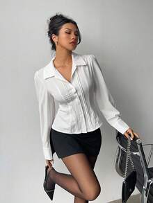 Siren Gaze 2025 New Women's Casual White Fitted Waist Striped Long Sleeve Shirt Blouses For Women Women's Long Sleeve Striped Waist Shirt Blouse Winter - White - View 5