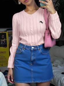 SHEIN 少女简约刺绣装饰长袖粉色毛衣 秋冬款 - 粉色 - 查看 7