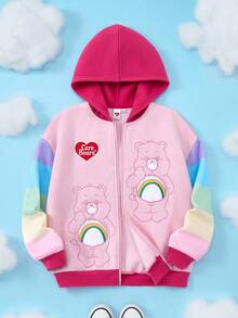 SHEIN X Care Bears Tween Girl 卡通粉色彩虹熊刺绣落肩宽松拉链连帽卫衣，粉色，秋冬