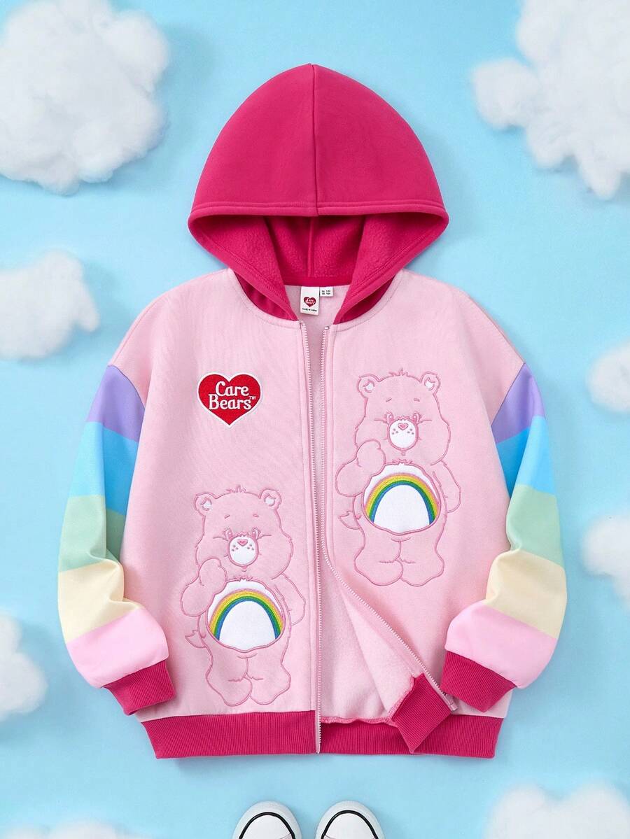 SHEIN X Care Bears Tween Girl 卡通粉色彩虹熊刺绣落肩宽松拉链连帽卫衣，粉色，秋冬