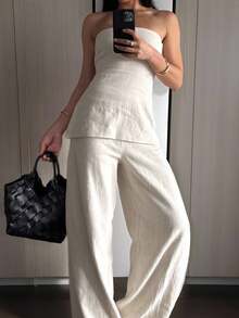 INAWLY 2pcs Women Casual Solid Color Bandeau Top And Pants Set - Beige - View 2